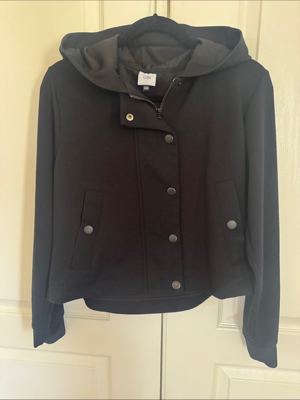 Cabi Black Hooded Snap-Front Bomber Jacket